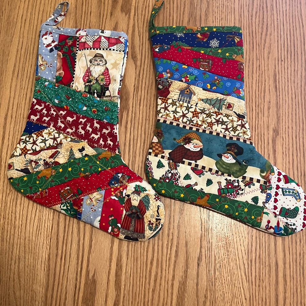 Vintage Set- 2 Patchwork Santa Snowman Christmas Tree Stocking Quilted Lot Of 2
